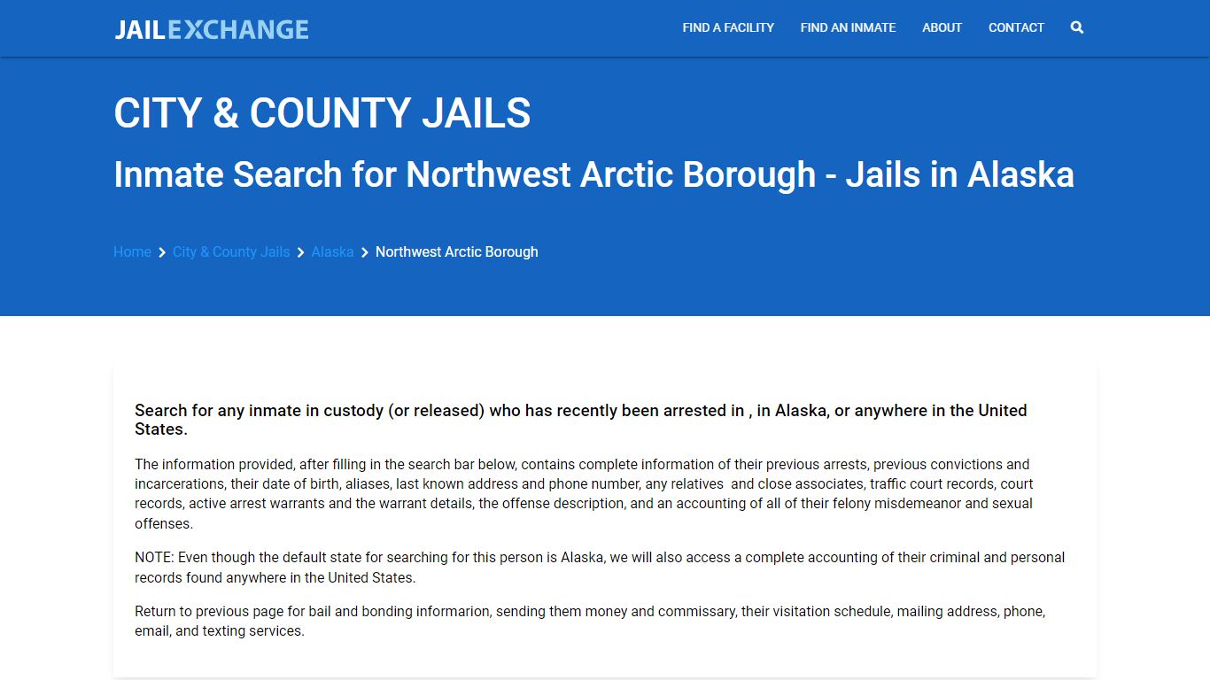 Locate an inmate in Northwest Arctic Borough, Alaska - Jail Exchange